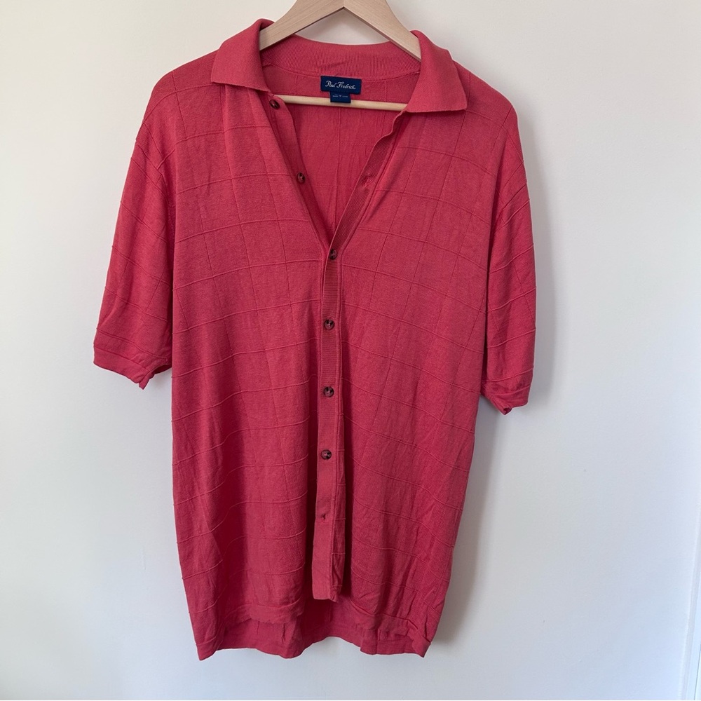Vintage Paul Fredrick 100% Silk Short Sleeve Button Polo in Coral Medium